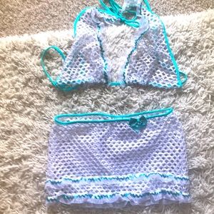 NWT Sexy stretchy sparkly lingerie dance wear white teal blue silver 2 pc set